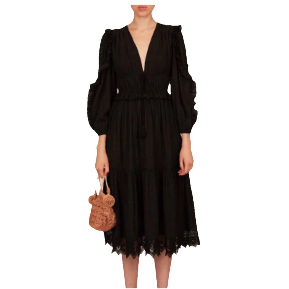 Ulla Johnson Sheila Dress Black Tiered Ruffle Sleeve Women's Size 8